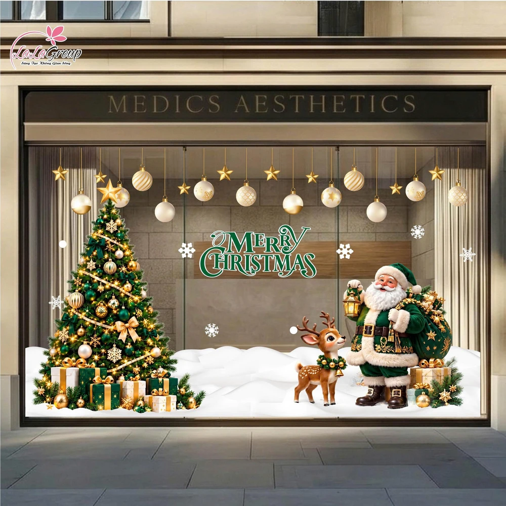 Combo Decal Nguyên Tấm Trang Trí Noel Cây Thông Và Ông Già Noel Tone Xanh