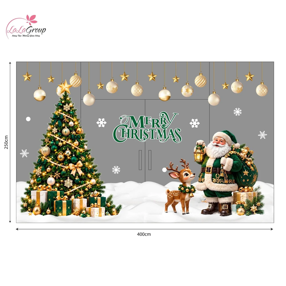 Combo Decal Nguyên Tấm Trang Trí Noel Cây Thông Và Ông Già Noel Tone Xanh