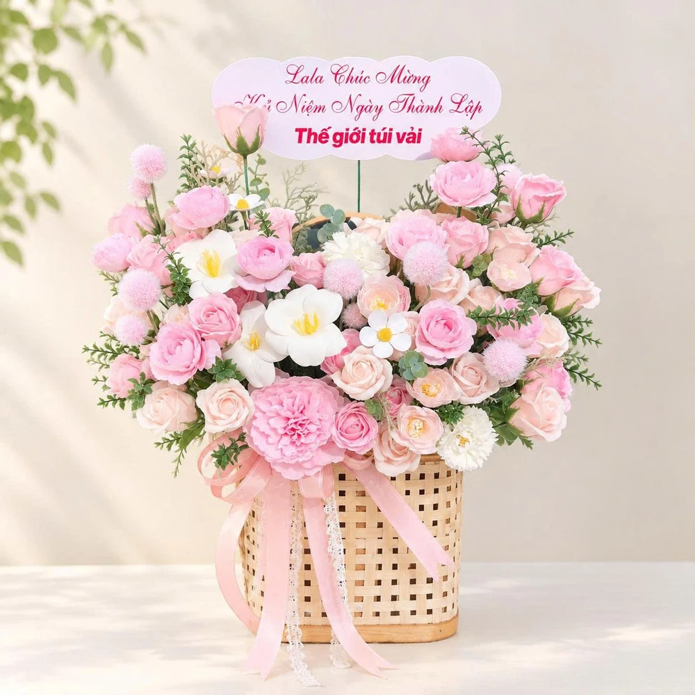 Giỏ hoa sáp tone hồng ngọt ngào phối nơ ruy băng thanh nhã