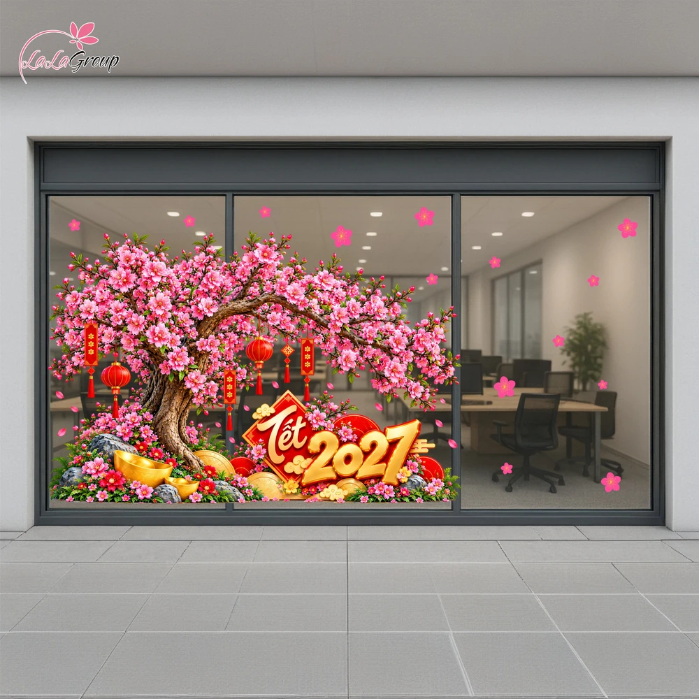 Decal Dán Kính Trang Trí Tết Cành Đào Hồng Kèm Lồng Đèn