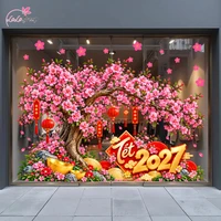 Decal Dán Kính Trang Trí Tết Cành Đào Hồng Kèm Lồng Đèn