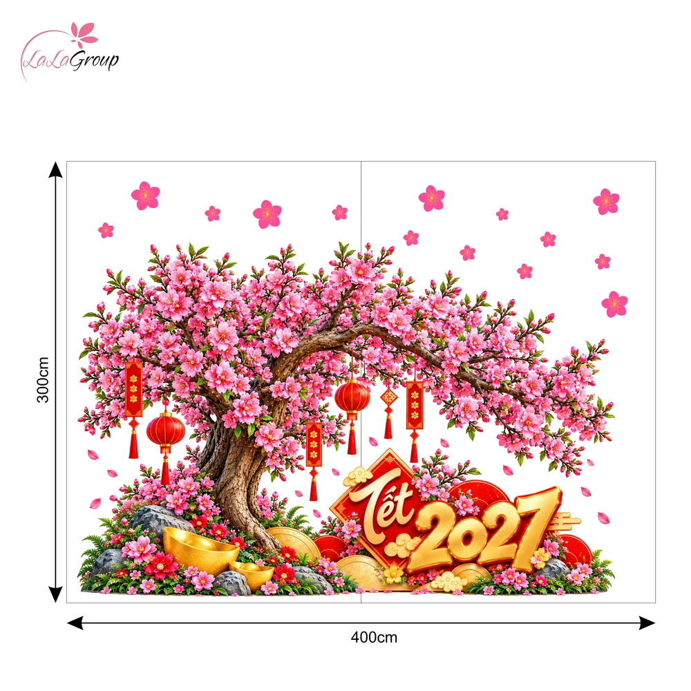 Decal Dán Kính Trang Trí Tết Cành Đào Hồng Kèm Lồng Đèn