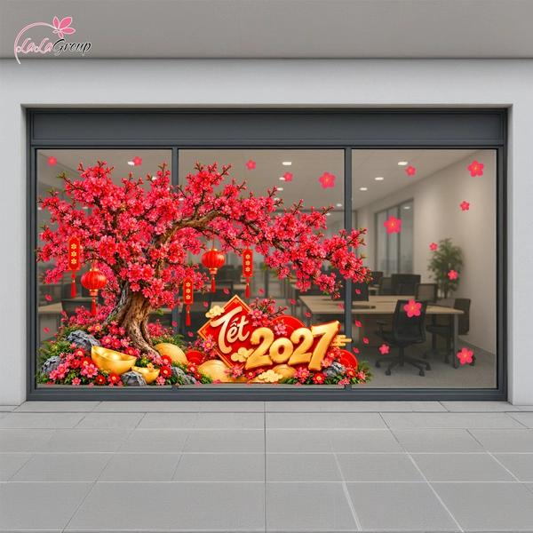 Decal Dán Kính Trang Trí Tết Cành Mai Đỏ Kèm Lồng Đèn