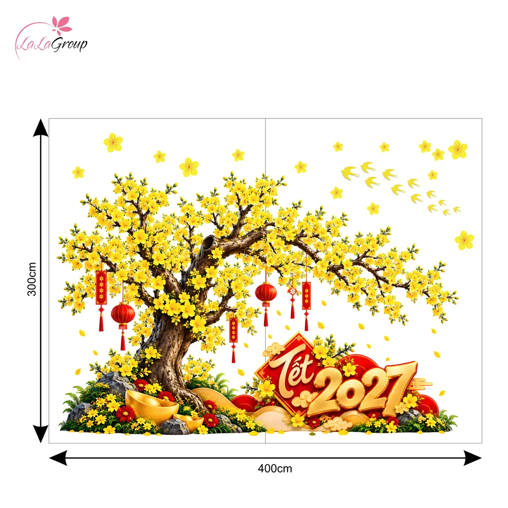 Decal Dán Kính Trang Trí Tết Cành Mai Vàng Kèm Lồng Đèn