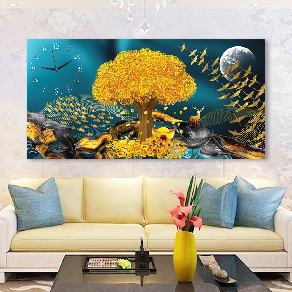 Tranh đồng hồ treo tường uv pha lê bóng cây vàng phát tài
