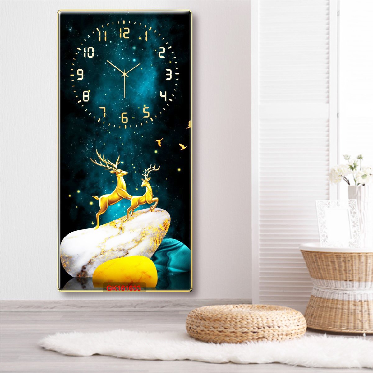 Tranh Đồng Hồ Treo Tường UV Pha Lê Bóng Hươu Nai Vàng Nghệ Thuật
