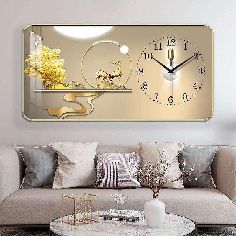 Tranh Đồng Hồ Treo Tường UV Pha Lê Bóng Đôi Hươu Tài Lộc