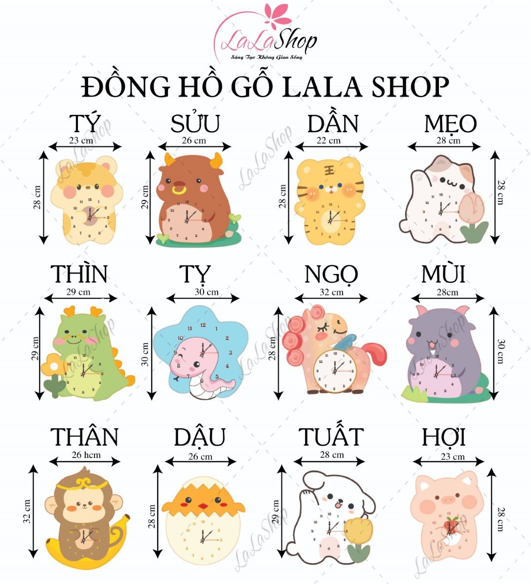 Đồng hồ gỗ treo 12 con giáp tuổi ngọ đáng yêu, decor phòng siêu đẹp, siêu cute
