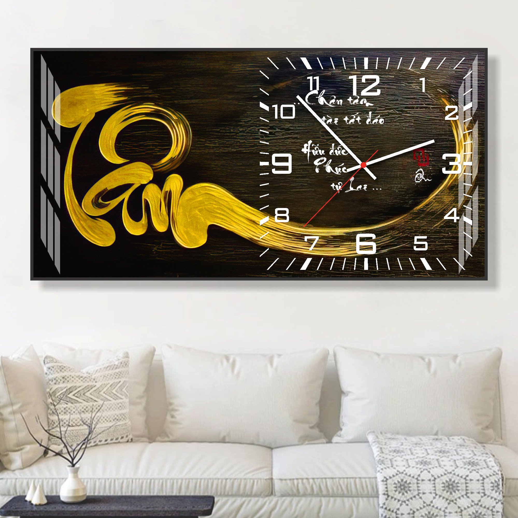 Tranh Đồng Hồ Treo Tường UV Pha Lê Bóng Chữ Tâm
