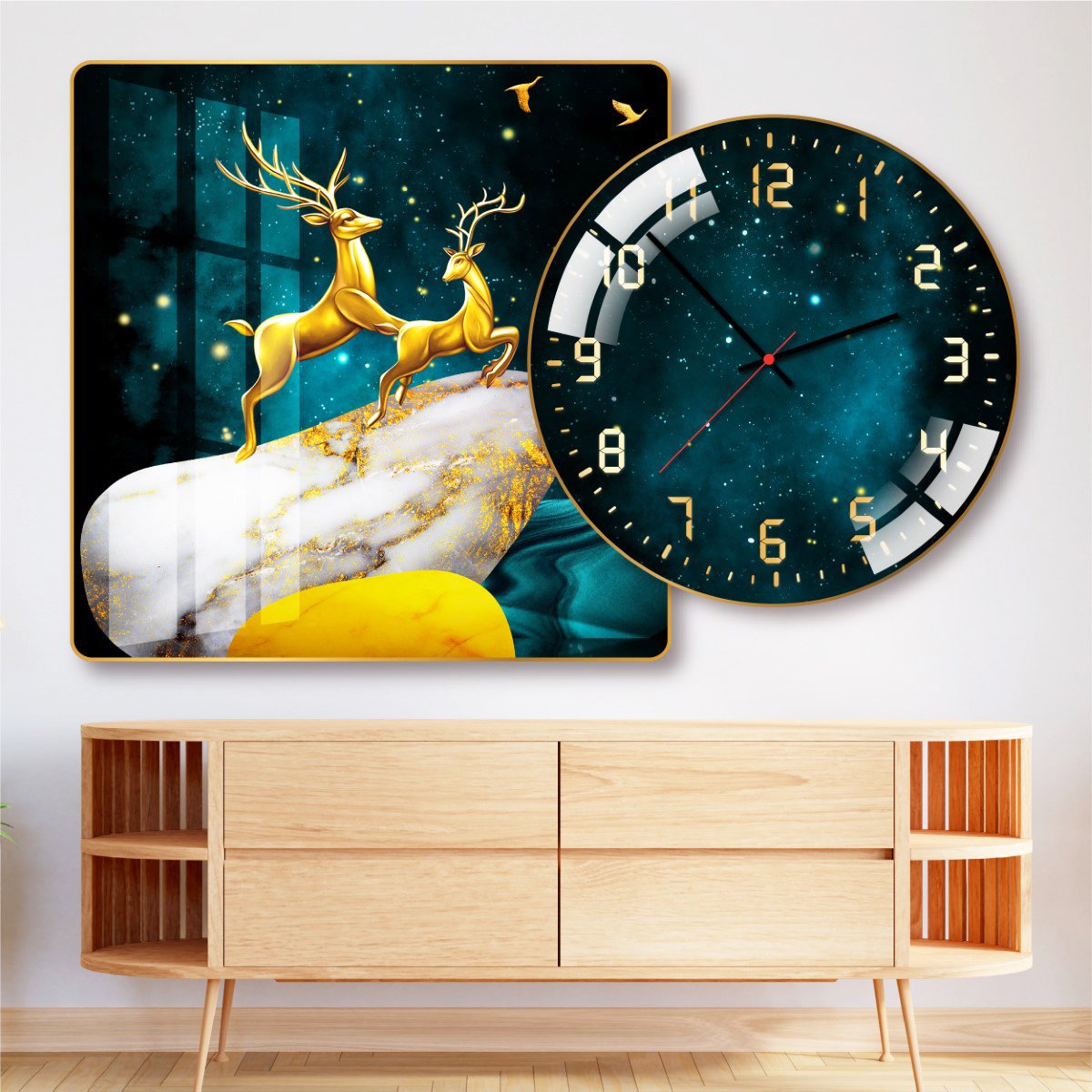 Tranh Đồng Hồ Treo Tường UV Pha Lê Bóng Đôi Hươu Vàng Đứng Trên Phiến Đá