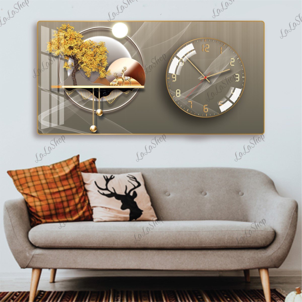 Tranh Đồng Hồ Nổi 3D Đôi Hươu Vàng Tài Lộc Mẫu 2