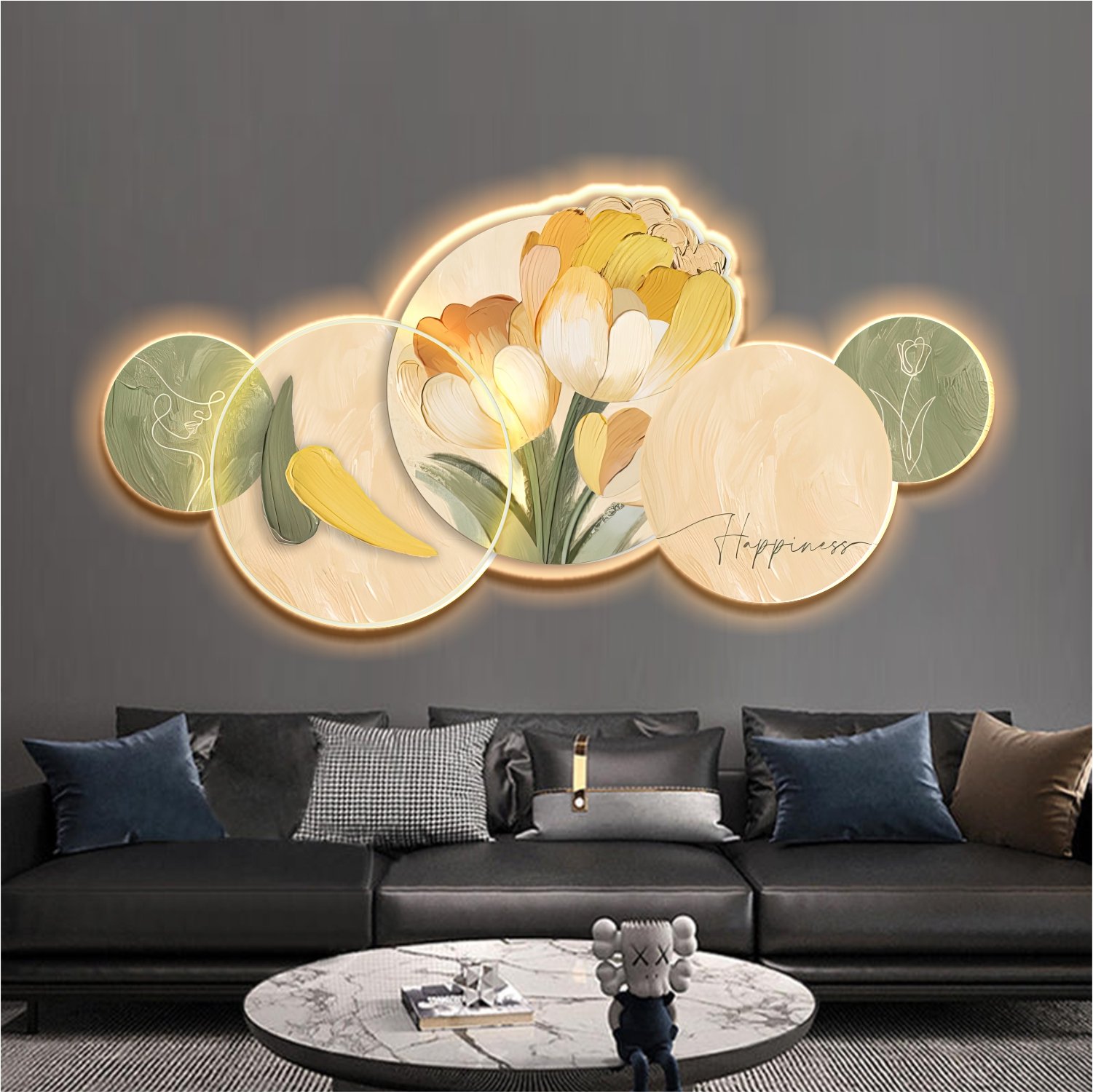 Tranh Đèn Led Tráng Gương Pha Lê Cô Gái Và Hoa Tulip Vàng Nghệ Thuật