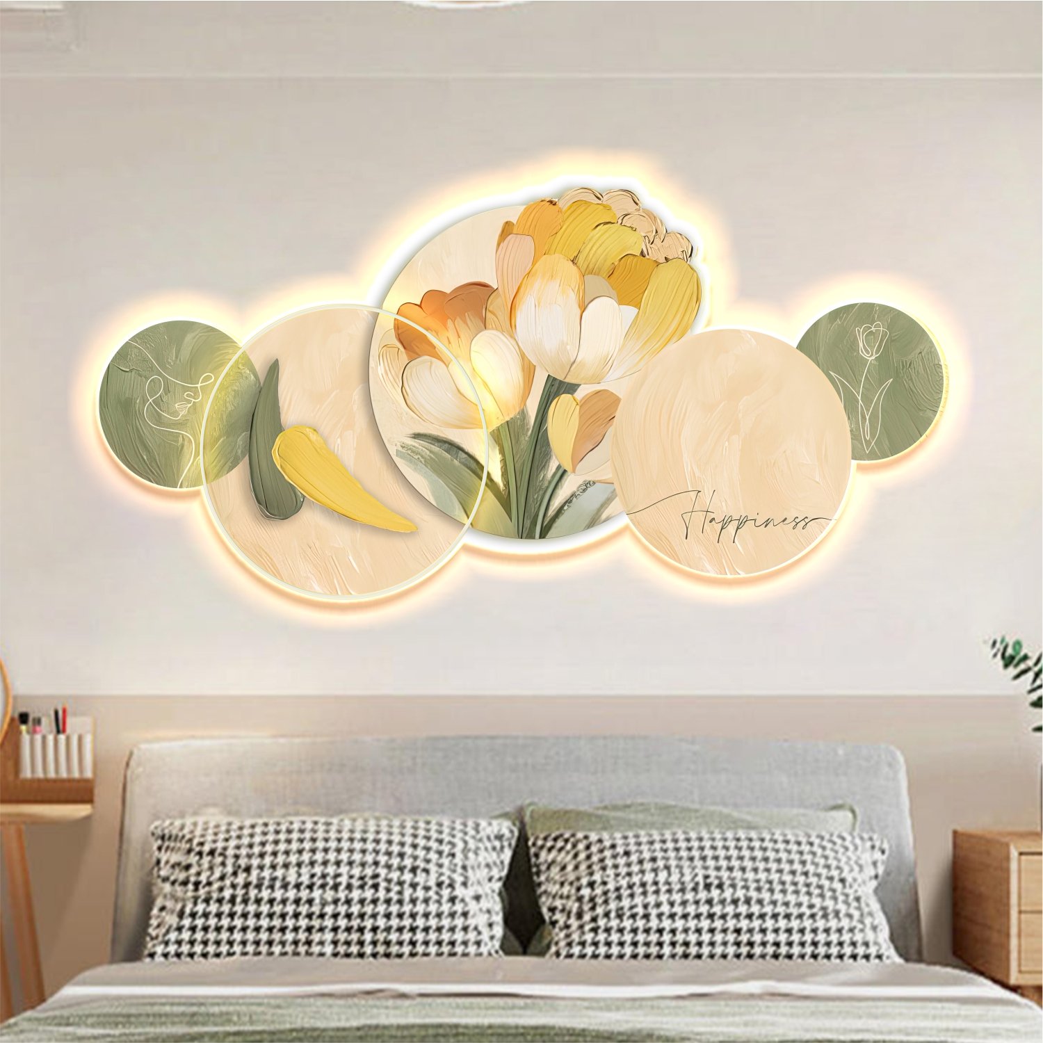 Tranh Đèn Led Tráng Gương Pha Lê Cô Gái Và Hoa Tulip Vàng Nghệ Thuật