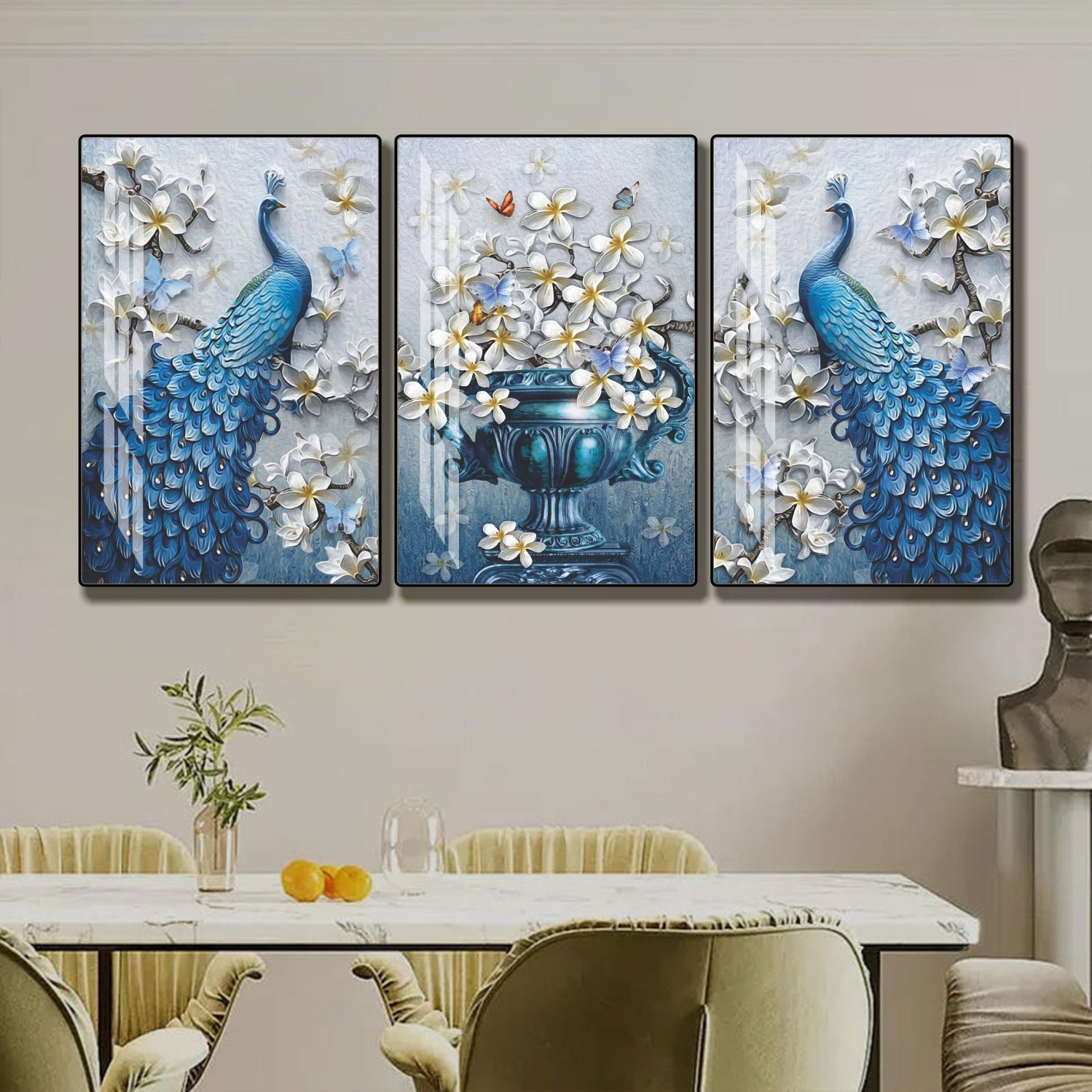 Tranh chim công xanh treo tường phong thủy phòng khách mẫu 937