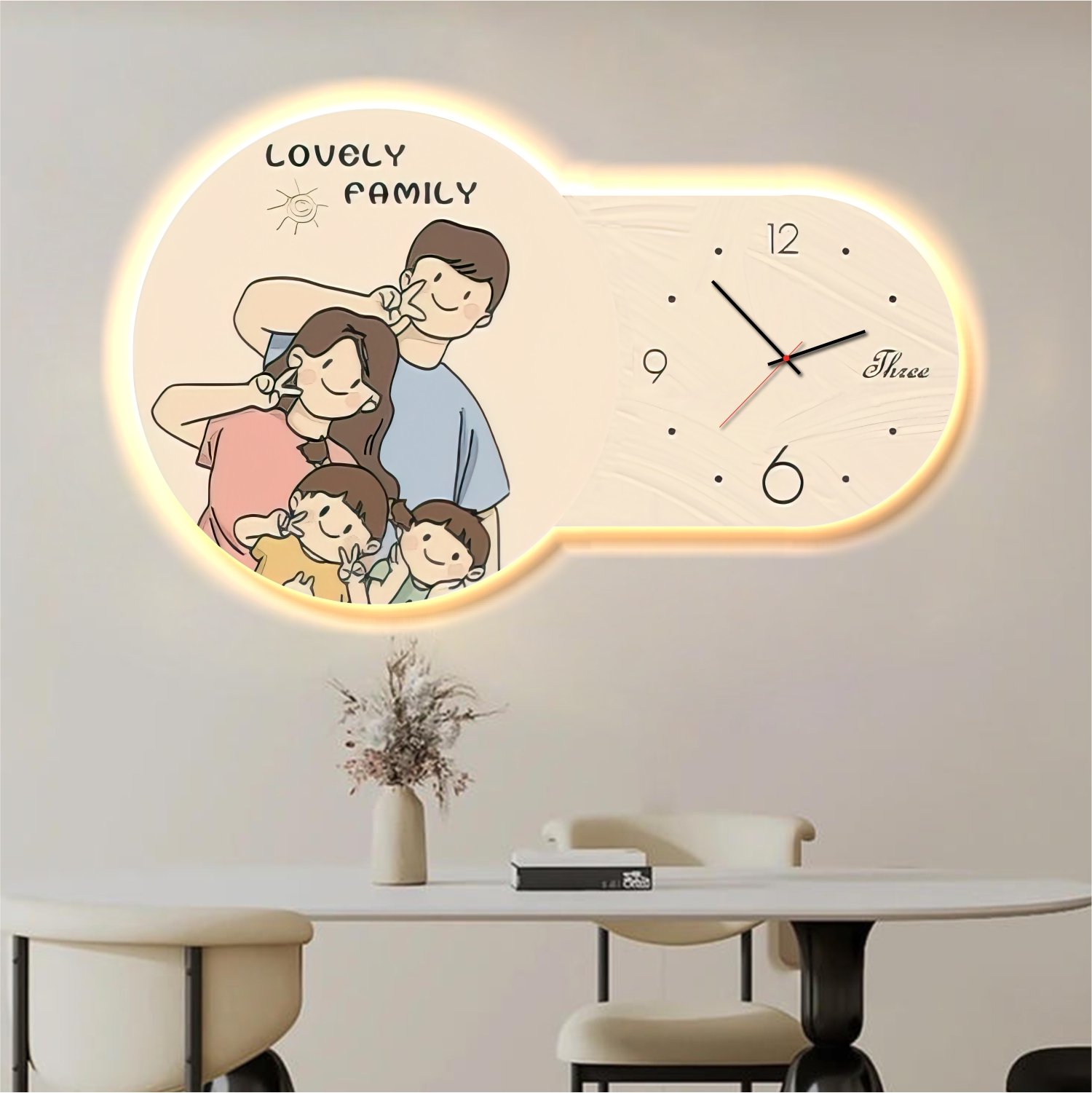 Tranh Đồng Hồ Đèn Led Tráng Gương Pha Lê Uv Gia Đình Hạnh Phúc