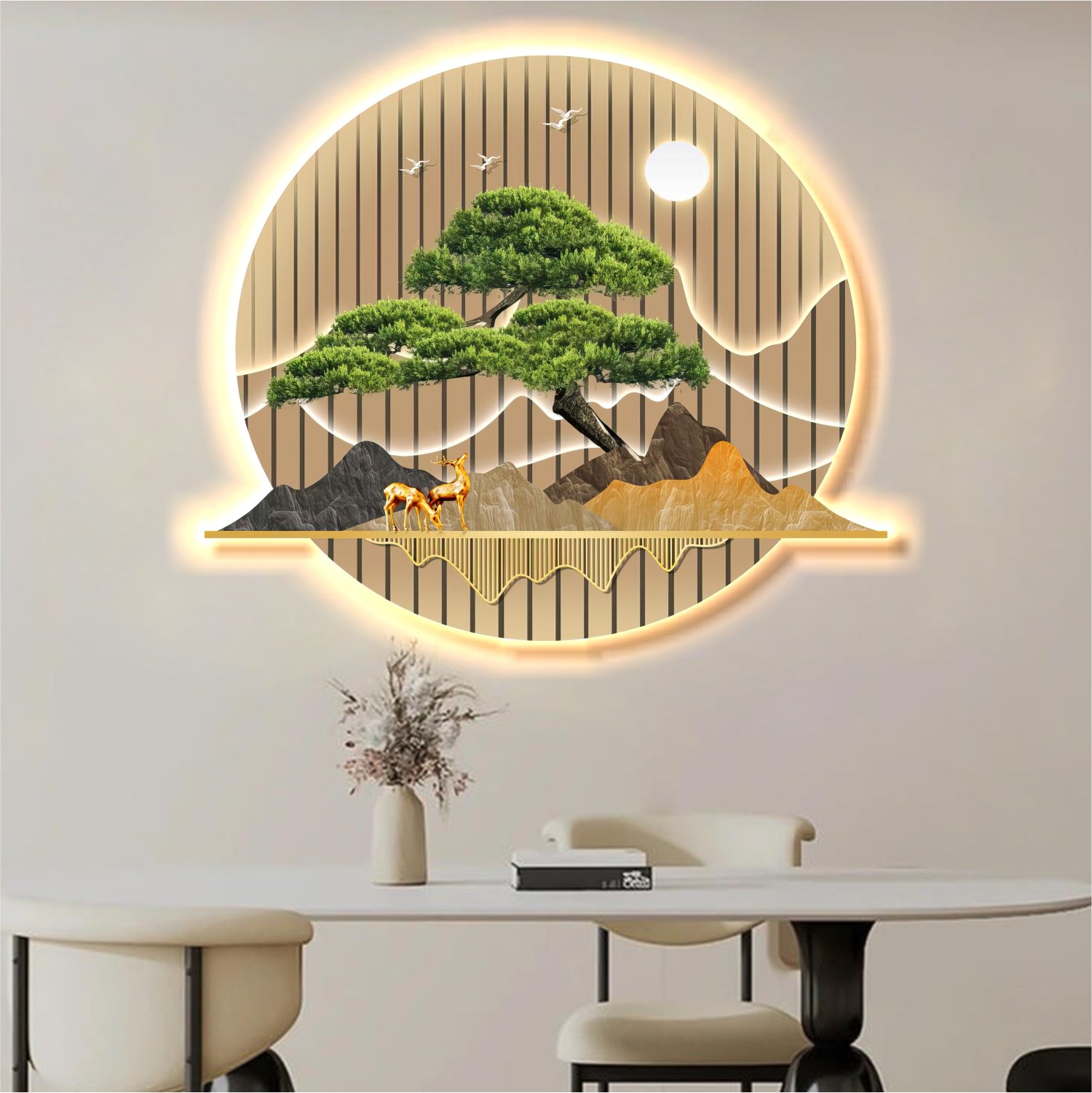 Tranh treo tường có đèn LED tráng gương UV cao cấp hươu vàng dưới ánh trăng