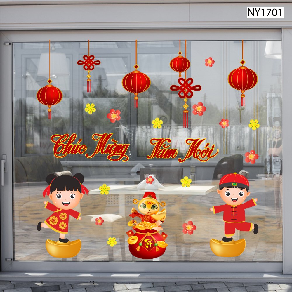Decal Trang Trí Tết Chúc Mừng Năm Mới Thiếu Nhi Và Lồng Đèn 2025