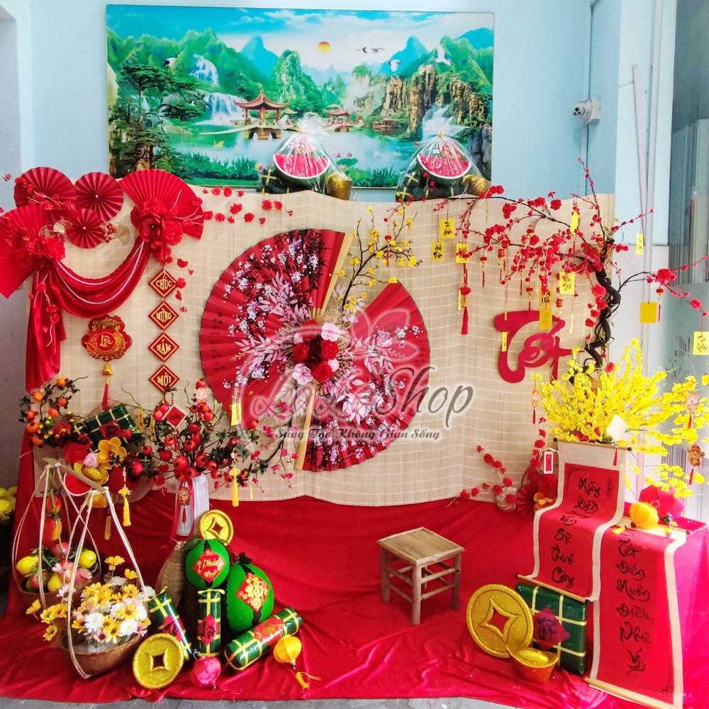 Tiểu Cảnh Trang Trí Mành Tre Quạt Hoa Anh Đào Rực Rỡ Mừng Xuân Sum Vầy