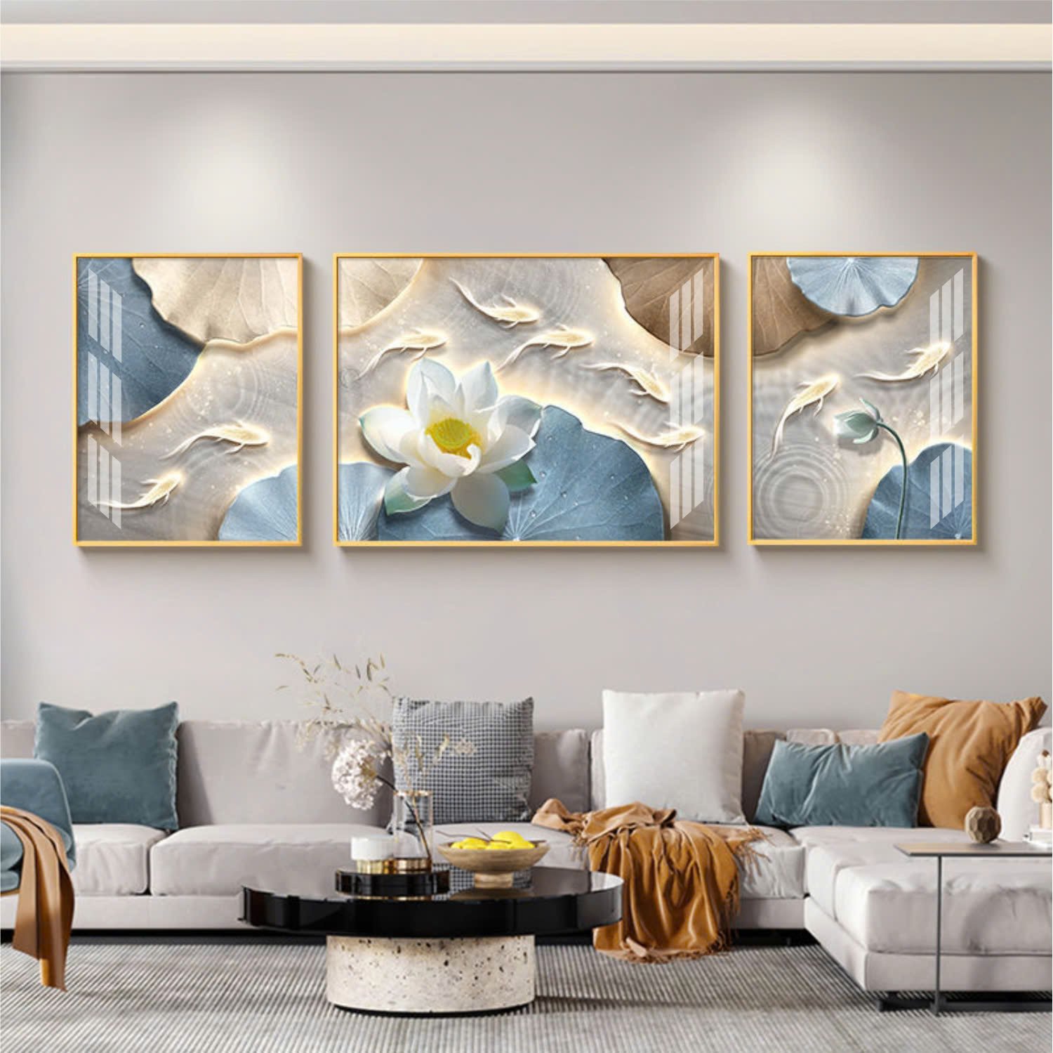 Tranh Tráng Gương Treo Tường Nghệ Thuật Cửu Ngư Liên Hoa Lộc Phát