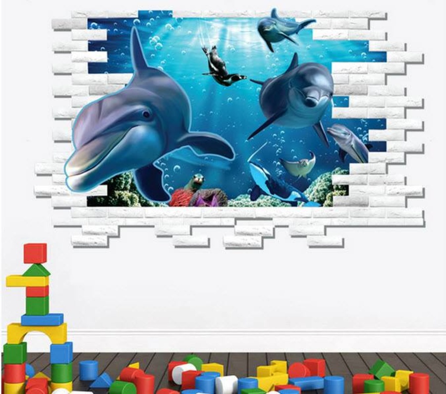 Decal 3D dán tường Đại dương cá heo 2