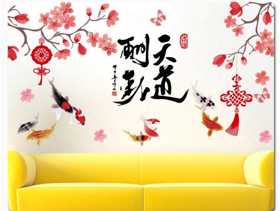 Decal dán tường Cành mai đỏ và cá chép