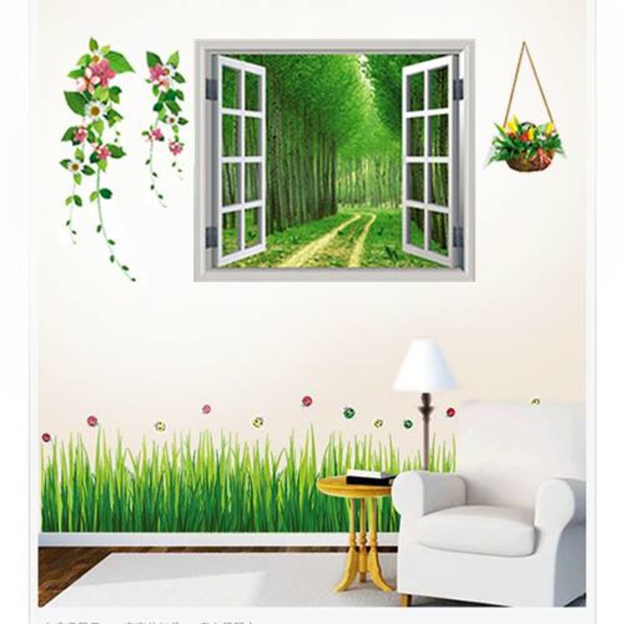 Decal dán tường Combo Cửa sổ 2   Chân tường cỏ xanh