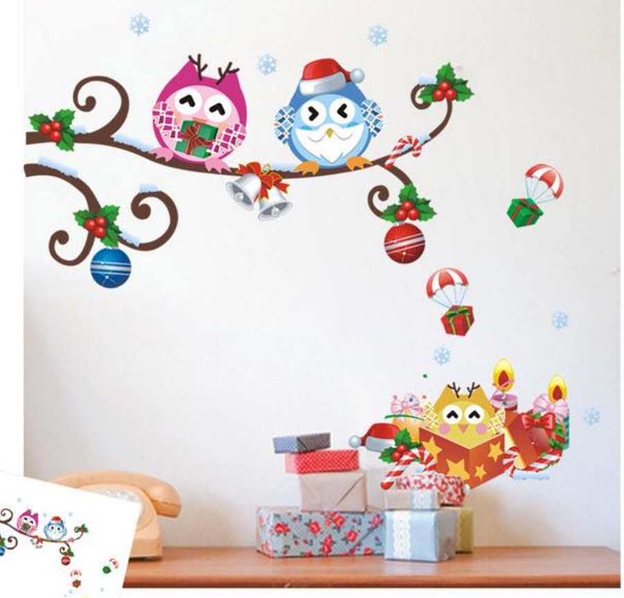 Decal dán tường Đôi cú vui Noel hiệu Yoozoo