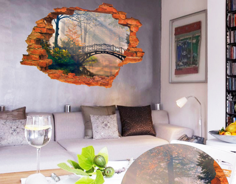 Decal hiệu ứng 3D cây cầu mùa thu 