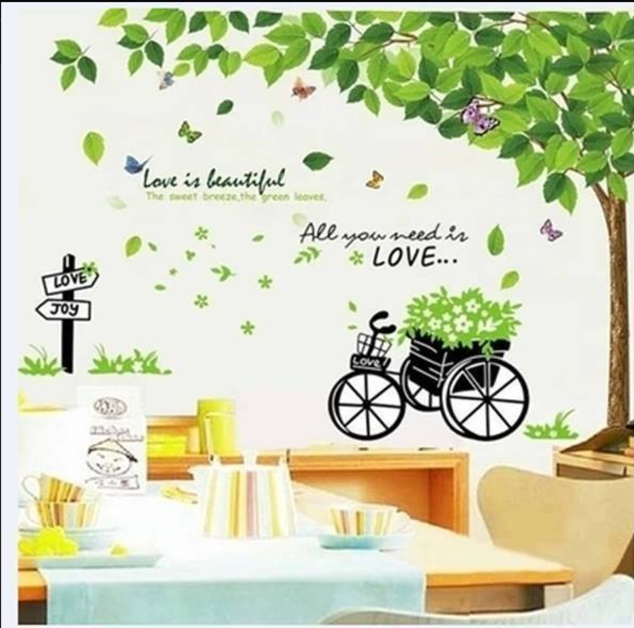 Decal dán tường  combo Decal cây xanh lá size to  xe đạp xanh