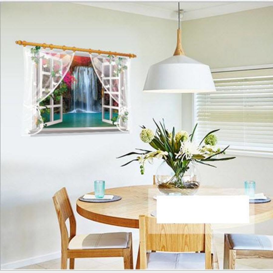 Decal dán tường cửa sổ ren thác nước