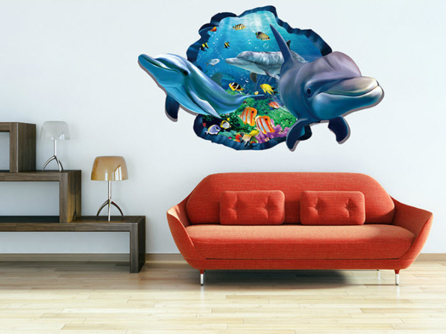 Decal dán tường cá heo tạo cảm giác 3D