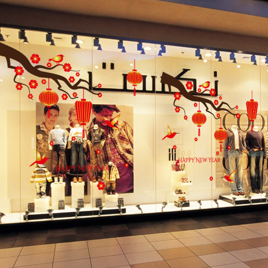 Decal tết hoa đào và lồng đèn đỏ