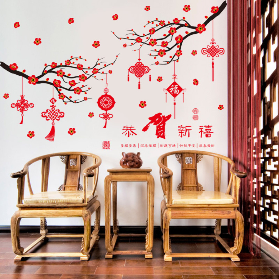 Decal cành đào đỏ và lộc đầu năm