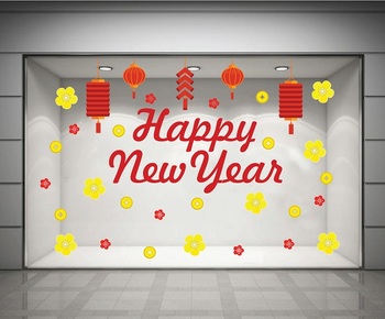 Decal happy new year và hoa mai vàng