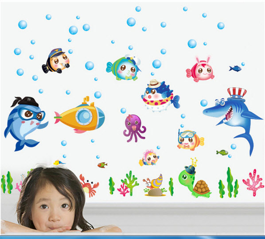 Decal dán tường cá heo xanh và các bạn