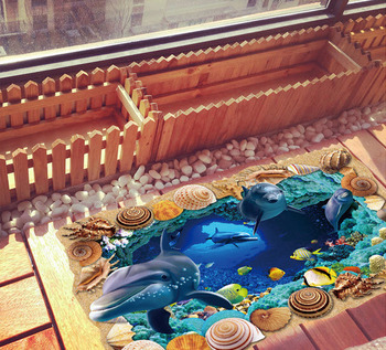 Decal 3D dán tường Cá heo và sò biển