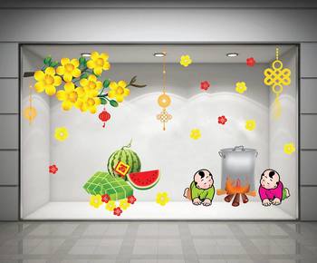 Decal cành mai vàng và hai bé nấu bánh chưng