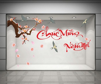 Decal chúc mừng năm mới và cành đào hồng