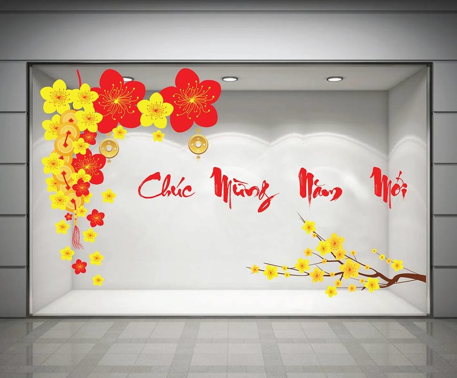 Decal chúc mừng năm mới và cành mai vàng
