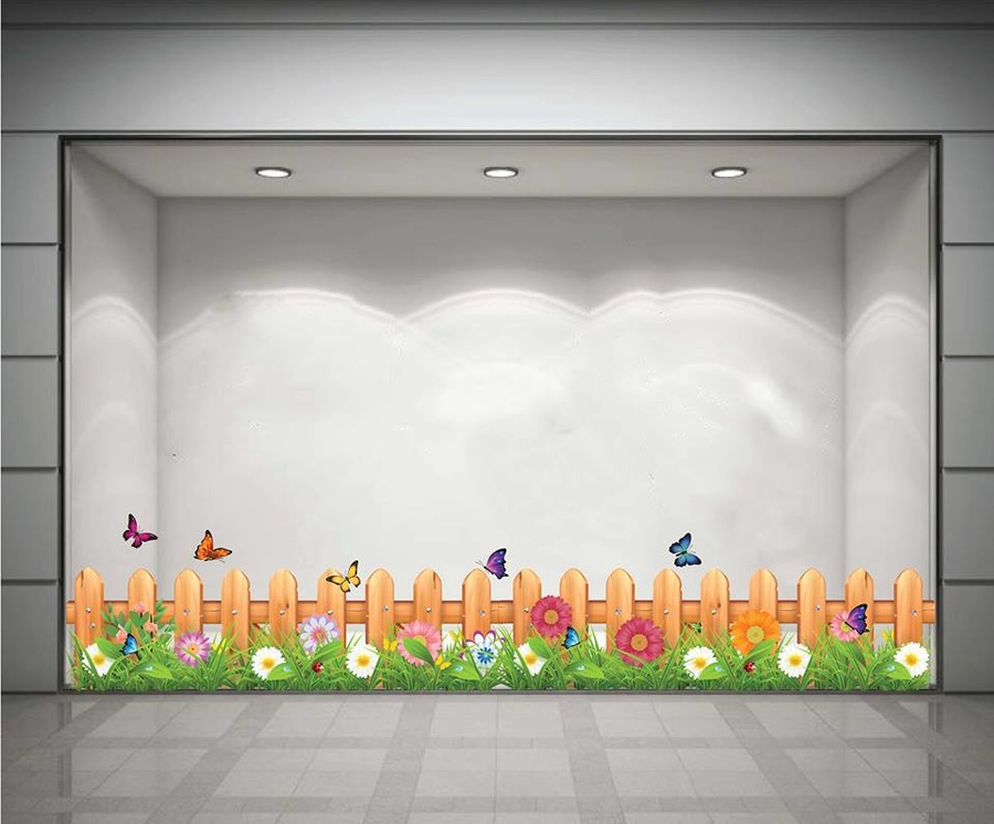 Decal tết chân tường hàng rào hoa cúc đồng tiền đa sắc