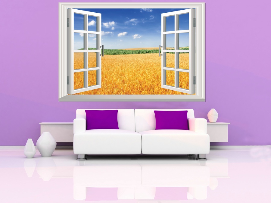 Tranh Dán Tường Cửa Sổ Cánh Đồng Lúa Mì