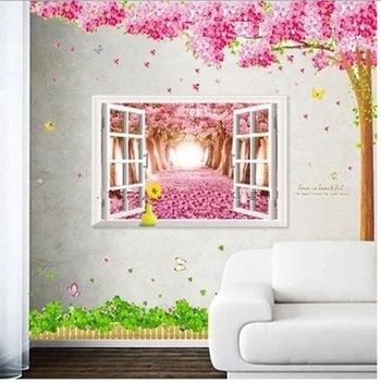 Decal dán tường Combo Cửa số con đường hoa đào 1   Chân tường xanh lá   Cây đào hồng