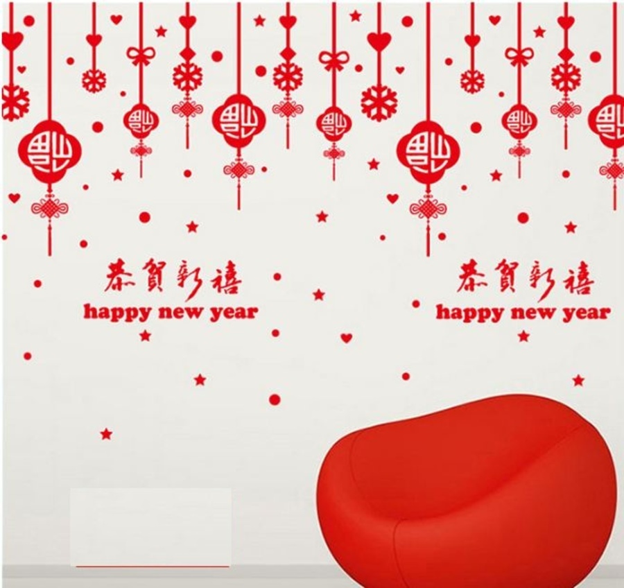 Decal tết happy new year và lộc treo may mắn