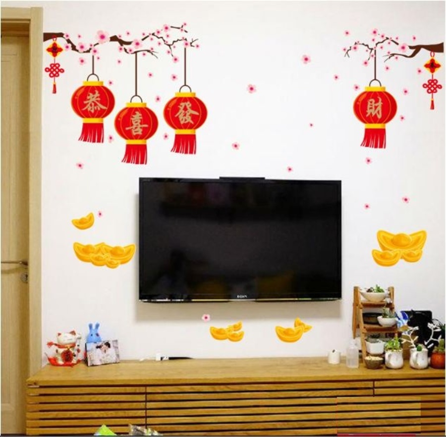 Decal cành đào hồng và lồng đèn đỏ 2