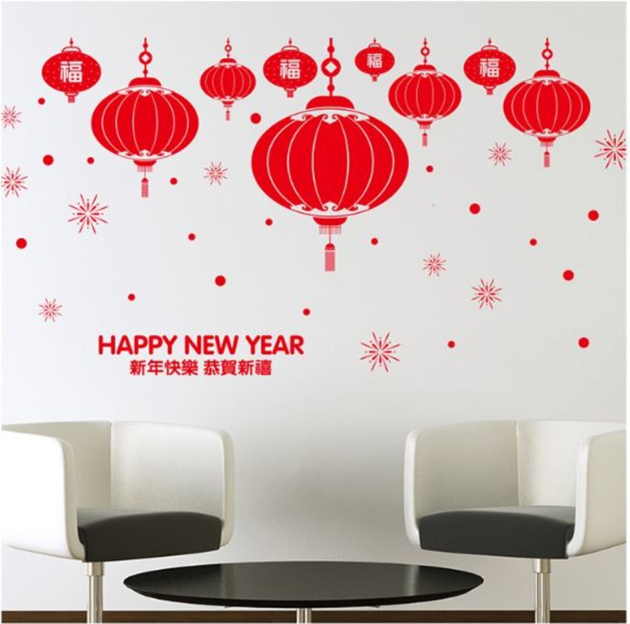 Decal happy new year và lồng đèn đỏ tết 2