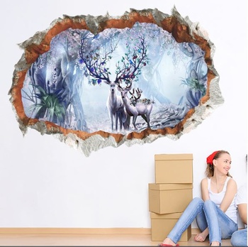 Decal 3D dán tường Cửa sổ gia đình hươu