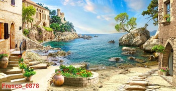 Tranh dán tường khu phố cổ châu Âu ven biển