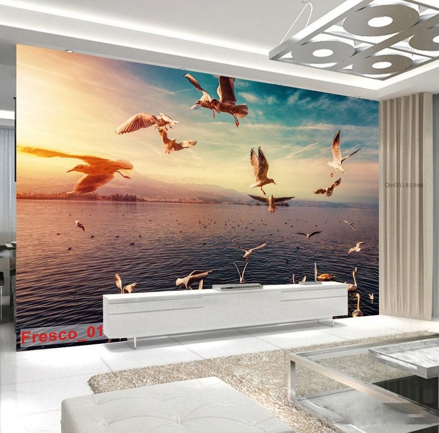 Tranh dán tường phong cảnh biển và chim hải âu 3D
