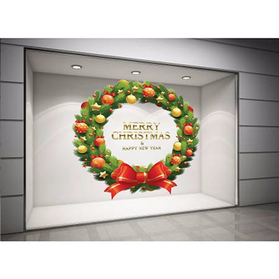 Decal dán tường Vòng nguyệt quế Noel nơ đỏ size lớn 60x60  (nền trắng đục)