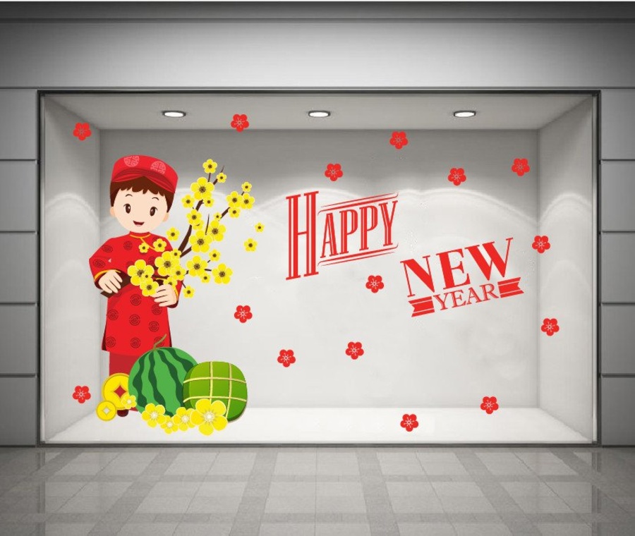 Decal bé cầm cành mai chúc tết